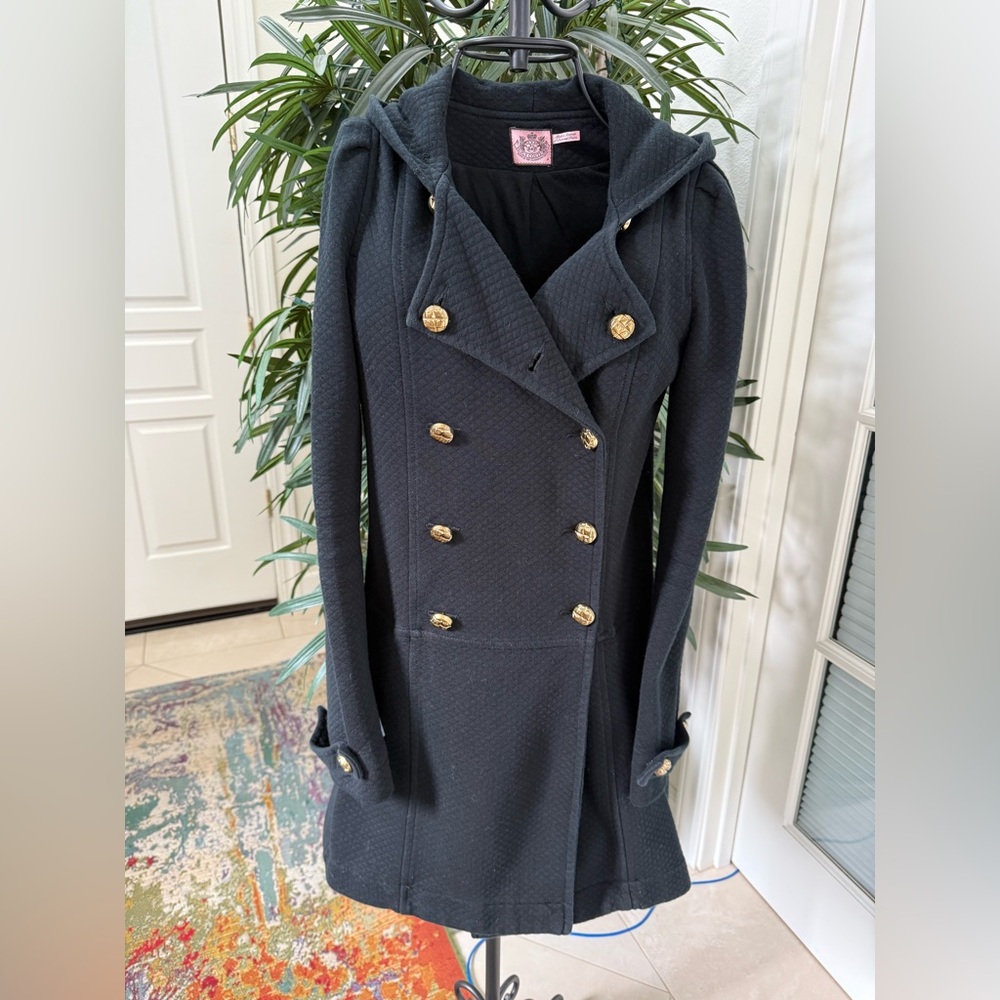 🧥 Juicy Couture Black Double-Breasted Hooded Coat.